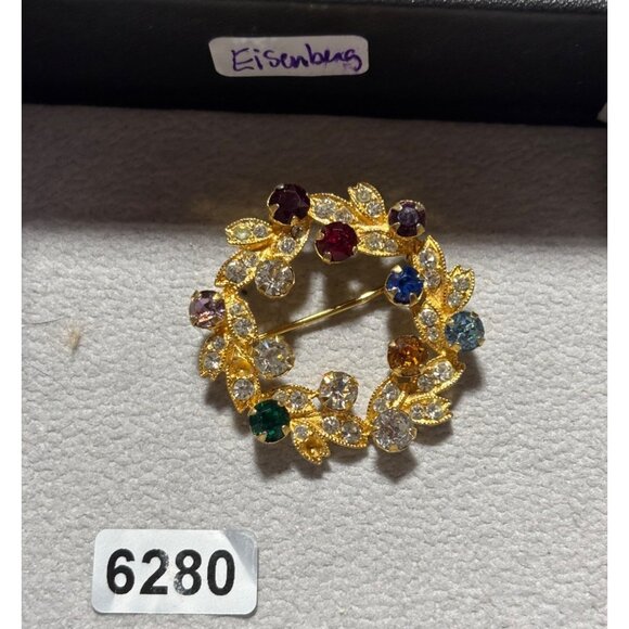 Eisenberg Gold-Tone Multi-Color Rhinestone Circle Brooch Vintage Jewelry Accesso - Picture 1 of 5